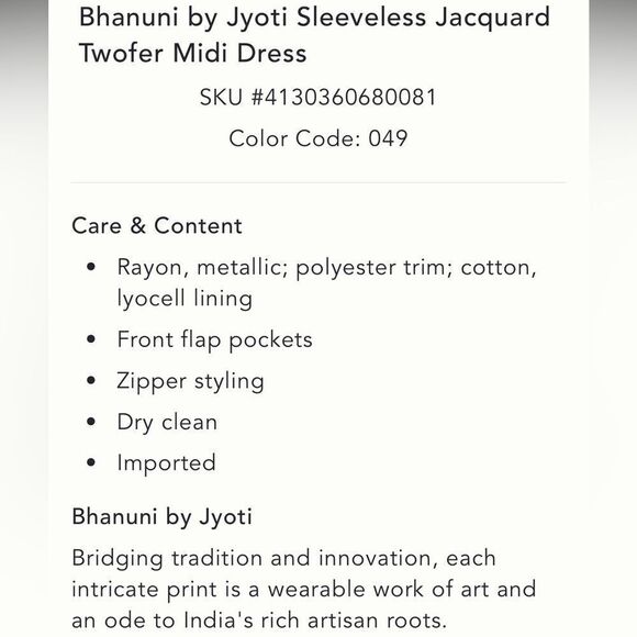 Anthropologie Bhanuni by Jyoti Sleeveless Jacquard Twofer Midi Dress/ size S - Picture 8 of 9